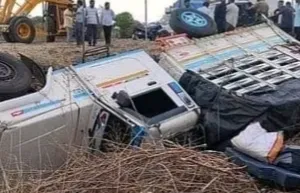 वडिगोद्रीजवळ जांभळांनी भरलेले पिकअप पलटी; रस्त्यावर विखुरलेल्या जांभळांवर नागरिकांची झडप